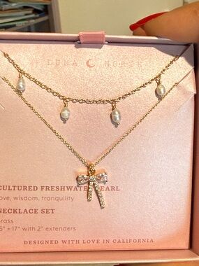 Luna & Moon Gold Layered Pearl Necklace with Bow Pendant